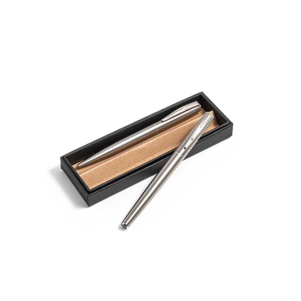 Conjunto de canetas roller e esferográfica em aço inoxidável reciclado Conjunto de canetas roller e esferográfica em aço inoxidável reciclado