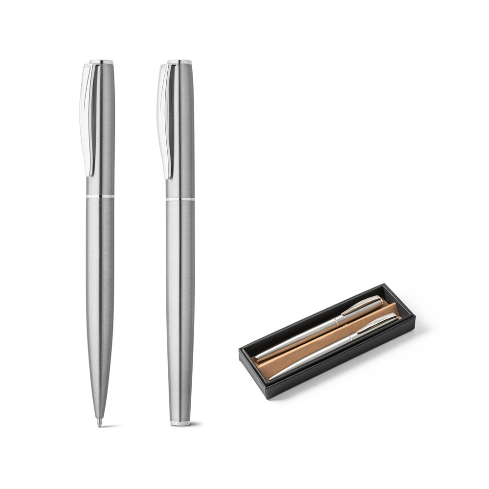Conjunto de canetas roller e esferográfica em aço inoxidável reciclado Conjunto de canetas roller e esferográfica em aço inoxidável reciclado