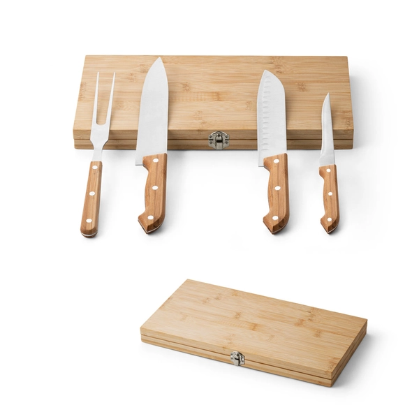 RD 94111-Kit churrasco personalizado em caixa bambu com 4 utensílios em aço inox e bambu